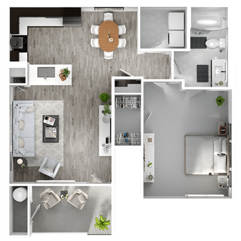 A top-down view of a modern apartment layout with a kitchen, living room, and bathroom.